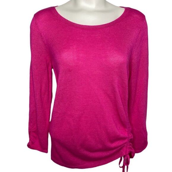 CHICOS Pink Side Ruched Tie 3/4 Sleeve Lightweight Sweater sz 1 or Medium 8 - Picture 1 of 7
